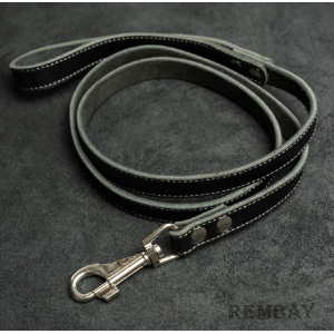 Поводок из натуральной кожи (черный с серой нитью) 120см