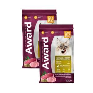 Award Cat Hairball & Indoor Сухой корм для выведения шерсти у домашних кошек (Утка, индейка), 400 г х 2 шт