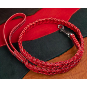Поводок из натуральной кожи, цвет красный с серой нитью 120см