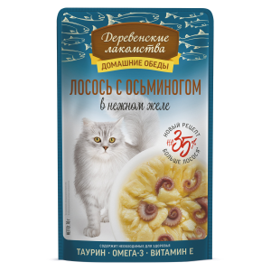 Деревенские Лакомства.Домашние обеды влажный корм для кошек желе (лосось, осьминог)  70гр