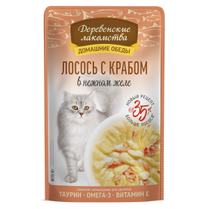 Деревенские Лакомства.Домашние обеды влажный корм для кошек желе  (лосось, краб) 70гр