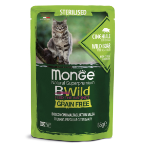 Monge Cat BWild GRAIN FREE для стерилизованных кошек, беззерновой, из мяса дикого кабана с овощами, 85гр