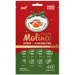 Молина Лакомство для котят и взрослых кошек, нежный крем из утки и курицы с икрой, 48г