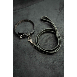 Поводок из натуральной кожи, цвет черный с серой нитью 120см