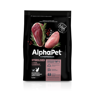 AlphaPet сухой корм  для взрослых кошек стерилизованных, с уткой и индейкой,0,4кг