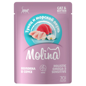 Molina влажный корм для котят и кошек, соус (тунец, морской окунь) 70гр