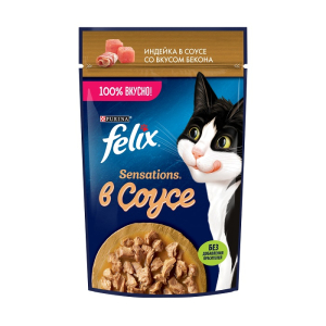 Felix Sensations Корм консервированный для кошек (индейка, бекон в соусе), 75г