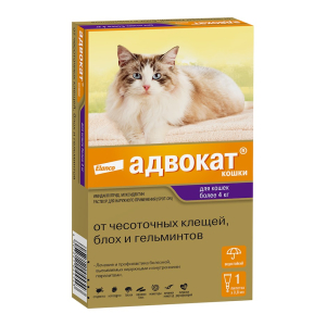 Адвокат Капли на холку для кошек и хорьков весом более 4 кг (от блох, чесоточных клещей и круглых гельминтов), упаковка (3пип)