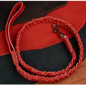 Поводок из натуральной кожи, цвет красный с красной нитью 120см