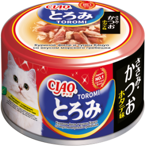 INABA ЧАО ТОРОМИ консерва для кошек куриное филе, тунец Кацуо, гребешки 80гр