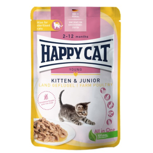 Happy Cat Kitten & Junior LandGeflügel Мясные кусочки в соусе из фермерской птицы для котят, 85 гр