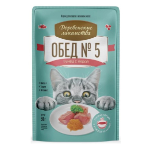 Деревенские Лакомства консервированный корм для кошек «Тунец с икрой», 50гр