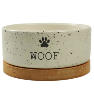 Миска Mr.Kranch Bamboo WOOF керамическая белая на бамбуковой подставке, 470 мл