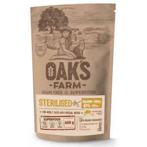 OAK'S FARM Grain Free Salmon with Krill Sterilised Adult Cat сухой корм  для кошек взрослых стерилизованных, беззерновой, Лосось и криль , 400гр