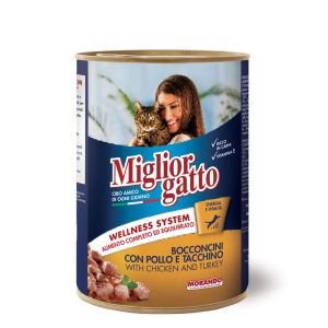 Miglior gatto Chicken-Turkey   для кошек кусочки в соусе с курицей и индейкой,405гр