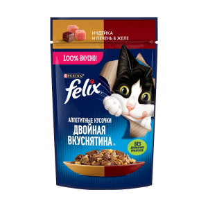 Felix "Двойная вкуснятина" Корм консервированный для кошек (индейка, печень в желе), 75г