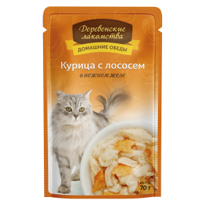 Деревенские лакомства Корм консервированный для кошек (курица с лососем в нежном желе), 70г