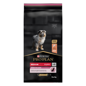 Purina Pro Plan Корм сухой для щенков средних пород с чувствительной кожей (лосось, рис), 12кг