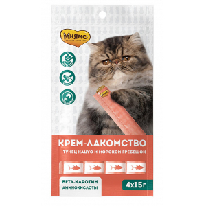 Мнямс Крем-лакомство для кошек (тунец Кацуо и морским гребешком), 15г