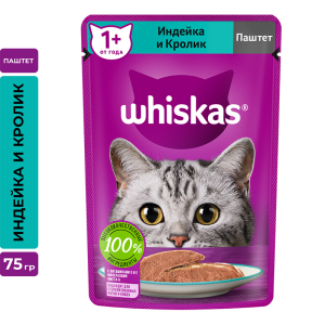 Whiskas Корм консервированный для кошек (паштет с индейкой, кроликом), 75г
