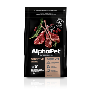 AlphaPet сухой корм для взрослых кошек с чувствительным пищеварением, с ягненком,1,5кг