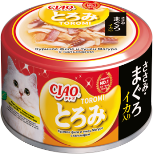 INABA ЧАО ТОРОМИ консервы для кошек куриное филе, тунец Магуро, кальмар 80гр