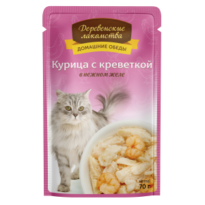 Деревенские лакомства Корм консервированный для кошек (курица с креветкой в нежном желе), 70г