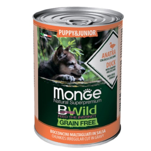 Влажный корм Monge Dog BWild GRAIN FREE Puppy&Junior для щенков и беременных собак, беззерновой, из утки с тыквой и кабачками, консервы 400 г