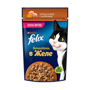 Felix Sensations Корм консервированный для кошек (курица, морковь в желе), 75г
