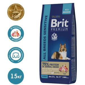 Brit Premium Корм сухой для собак с чувствительным пищеварением (ягненок, индейка), 15кг