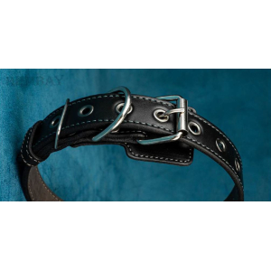 Ошейник из натуральной кожи, цвет черный с серой нитью 50см