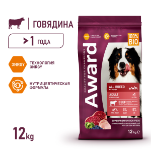 AWARD сухой корм  для взрослых собак всех пород с говядиной и курицей  12кг