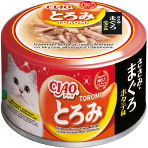 INABA ЧАО ТОРОМИ консерва для кошек куриное филе, тунец Магуро с гребешком 80гр