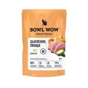 Bowl Wow SENSITIVE влажный корм для котов с чувствительным пищеварением, соус (цыпленок, овощи) 85гр