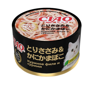 INABA ЧАО консерва для кошек куриное филе с сурими 85гр