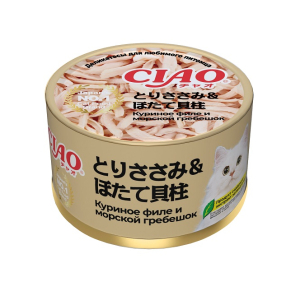 INABA ЧАО консерва для кошек куриное филе с морским гребешком 85гр