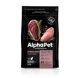 AlphaPet сухой корм для взрослых кошек стерилизованных, с уткой и индейкой,1,5кг