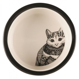Миска "TRIXIE", керамическая, для кошек "Zentangle" с рисунком, черный/белый 0,3л/12см