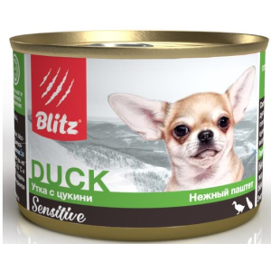 BLITZ Корм консервированный полнорационный для собак мелких пород  всех возрастов УТКА С ЦУКИНИ, 200 гр