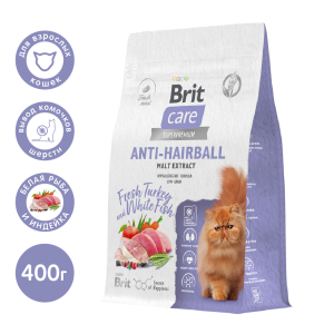 Brit Care Anti-Hairball Для кошек для выведения шерсти (белая рыба, индейка) 400г