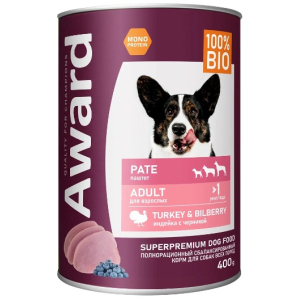Award Dog Паштет для взрослых собак (Индейка с черникой), 400гр