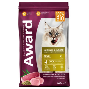 Award Cat Hairball & Indoor для выведения шерсти у взрослых домашних кошек (Утка, индейка)