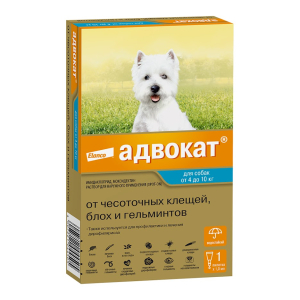 Адвокат Капли на холку для собак весом 4-10 кг (от блох, чесоточных клещей и круглых гельминтов), 1пип