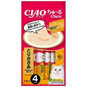 INABA ЧАО ЧУРУ Лакомство-пюре для кошек куриное филе для кожи и шерсти (4*14г) упаковка