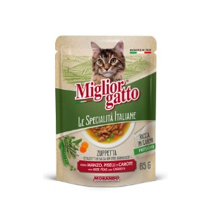 Miglior gatto Le Specialità Italiane для кошек полоски в соусе говядина, горох и морковь,85гр