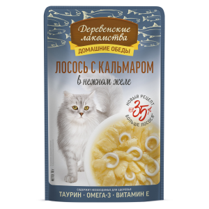 Деревенские Лакомства.Домашние обеды влажный корм для кошек желе (лосось, кальмар) 70гр