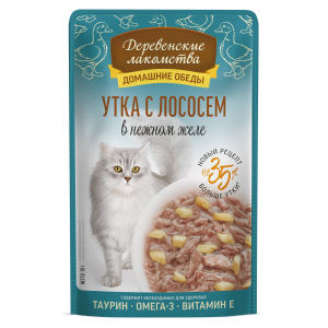Деревенские Лакомства.Домашние обеды влажный корм для кошек желе (утка, лосось) 70гр