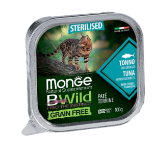 Влажный корм Monge Cat BWild GRAIN FREE для стерилизованных кошек, беззерновой, из тунца с овощами, консервы 100 г