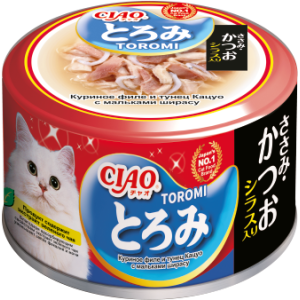 INABA ЧАО ТОРОМИ консерва для кошек куриное филе и тунец Кацуо с ширасу 80 гр
