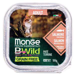 Влажный корм Monge Cat BWild GRAIN FREE для кошек, беззерновой, из лосося с овощами, консервы 100 г
